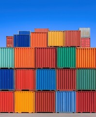 Fototapeta premium Stacking a wall of bright, colorful shipping containers under a clear blue sky, symbolizing global logistics and cargo transportation