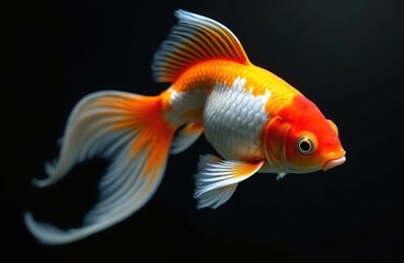 Fototapeta premium Goldfish isolated on black backdrop. The orange and white fish has large fins. The aquatic animal swims. It is a koi type fish with vibrant colors.