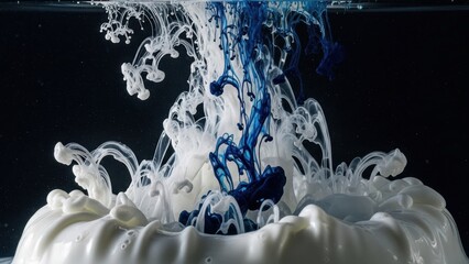 Experimental photo of milk and ink dispersing in water forming unique organic shapes and tendrils.