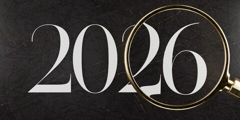 magnifying glass hovering over text saying 2026, new year