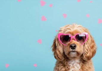 Cute dog wearing pink heart shaped sunglasses on a pastel blue background with hearts