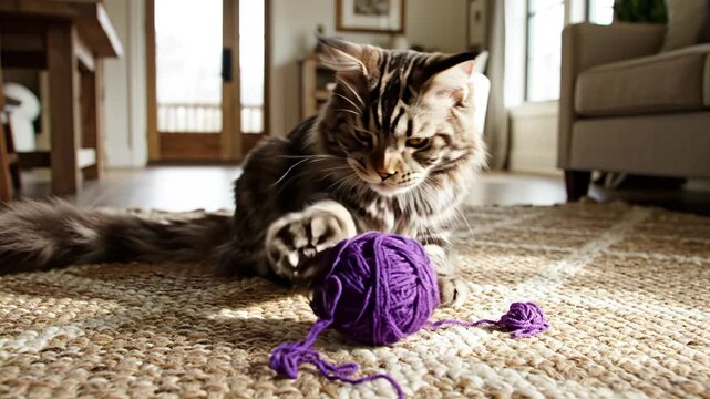 Cat playing with purple yarn ball