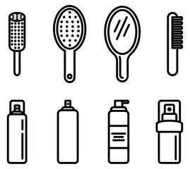 Clean minimalist line icons featuring hair care essentials like brushes, a mirror, and spray bottles. Perfect for beauty salon branding, styling guides, and professional grooming web designs.