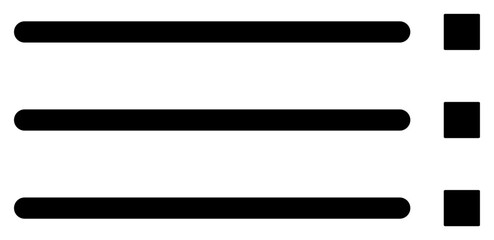 Minimalist black list icon featuring horizontal bars and small squares. Perfect for modern UI design, website navigation, task management apps, and professional business presentations.