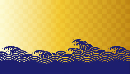Luxury golden checkerboard background with traditional blue Japanese wave
