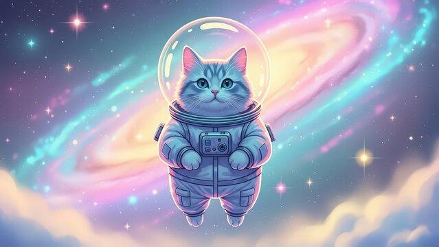 Adorable blue-gray astronaut cat in a full spacesuit with helmet, against a vibrant spiral galaxy and ethereal clouds.