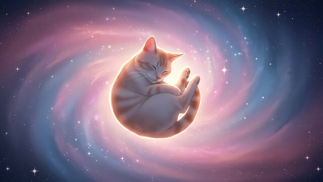 Sweet orange tabby cat curled up and glowing peacefully while sleeping in a swirling pink galaxy with stars.