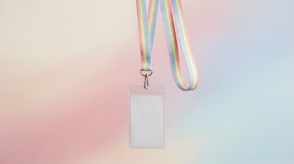A clean name tag on a rainbow colored lanyard against a softly hued backdrop, perfect for corporate or creative content. 