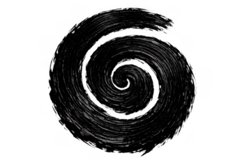 Black spiral brush stroke creating a textured grunge swirl vortex graphic element on transparent background