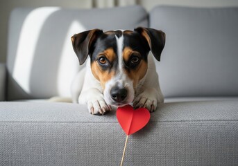 Adorable dog with a red heart on a couch