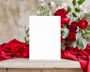 Elegant blank card mockup styled with red flowers and soft fabric, perfect for romantic invitations or seasonal greetings