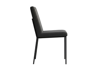 Fototapeta premium sleek, modern geometric dining chair featuring textured dark charcoal upholstery and a matte black metal frame, precise side view isolated on transparent, volumetric studio lighting, sophisticated