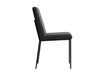sleek, modern geometric dining chair featuring textured dark charcoal upholstery and a matte black metal frame, precise side view isolated on transparent, volumetric studio lighting, sophisticated