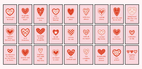 Vector big set of romantic cards with decorative hearts and handwritten love quotes. Cute Valentine designs in soft pink and red, perfect for greeting cards, prints, and gifts.