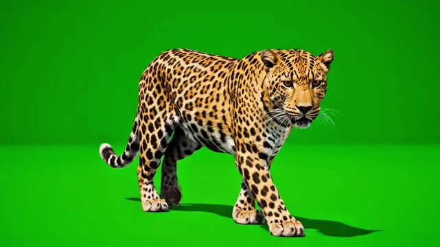 A leopard stands on a green screen background, looking forward with its tail curled behind, in a studio setting with a shallow depth of field and warm tones.