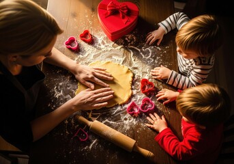 Family baking and decorating cookies together on a table