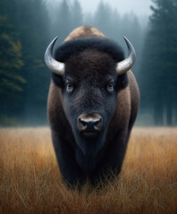 Majestic American Bison Portrait Standing in a Foggy Meadow created with Generative AI Technology, ai, generative