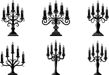 Classic decorative candelabra silhouettes collection, elegant vintage candle holders with lit candles, luxury baroque style home decor, black isolated vector illustration set