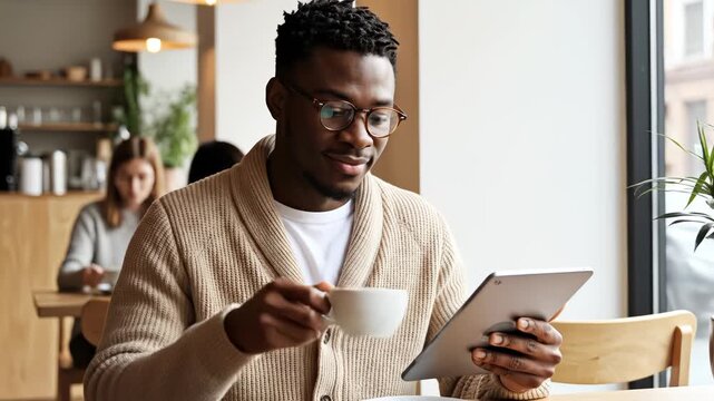 Man using tablet in cafe with coffee