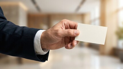 A business person's hand offers a blank business card in an office setting. Ready to fill your needs, showing professional gesture.