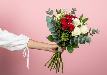 A bouquet of red and white roses with green leaves
