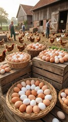 Farm-fresh brown and white eggs are displayed in woven baskets and on rustic wooden crates, with blurred farmers and free-range chickens on a farm, symbolizing sustainable agriculture.
