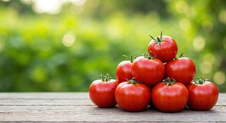 A vibrant pyramid of fresh, ripe red tomatoes with green stems rests on a rustic wooden table, set against a blurred green garden background, symbolizing healthy eating and natural harvest.