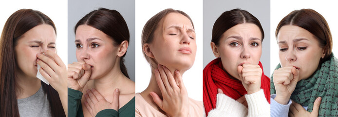 Ill women suffering from cold. Collage of portraits