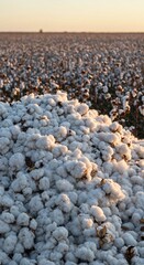 A bountiful pile of soft white cotton bolls fills the foreground of a vast agricultural field, bathed in warm golden hour sunlight, symbolizing natural abundance and harvest.