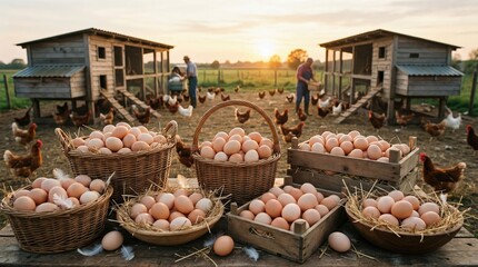 Many fresh brown eggs are arranged in baskets and wooden crates on a rustic table, with chickens roaming freely near coops and farmers working in the background at sunset, symbolizing organic farming.