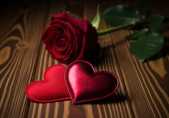 Romantic red rose and heart shaped jewellery on wooden table