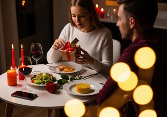 Couple enjoying a romantic candlelit dinner for two in a cozy restaurant
