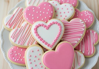 A plate of heart shaped valentine's day cookies with pink and white icing