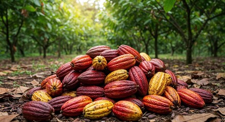 A vibrant pile of ripe cocoa pods, displaying rich red and yellow hues, rests on the fertile ground of a lush tropical plantation, symbolizing raw chocolate production.