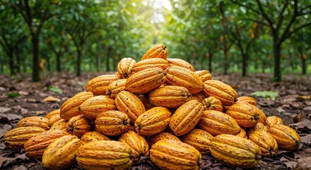 A large pile of freshly harvested ripe yellow cacao pods lies on the fertile ground of a lush tropical plantation, symbolizing sustainable agriculture.