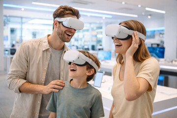 Family enjoying virtual reality together in tech store