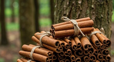 Numerous textured brown cinnamon sticks, some bundled with natural twine, are neatly stacked outdoors against a softly blurred green forest background, highlighting organic spice production.