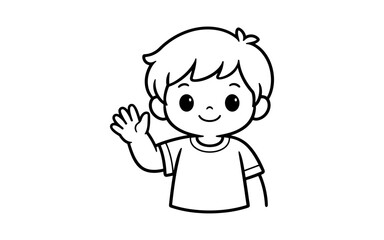 Fototapeta premium Cute cartoon boy waving hello with a friendly smile, black and white illustration