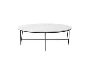 a contemporary round coffee table featuring a polished white carrara marble top with subtle grey veining and thin, geometric black metal legs, showcasing luxurious minimalist design