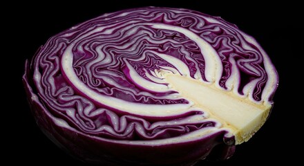 Obraz premium A vibrant red cabbage, cut in half, showcases its intricate purple and white layered interior and creamy core against a dark background, highlighting organic patterns.