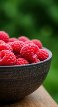 Fresh, ripe red raspberries overflow from a dark textured ceramic bowl, resting on a rustic wooden surface against a soft blurred green garden background.