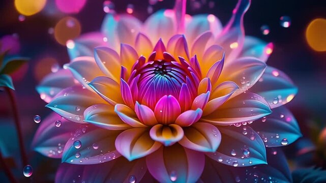 Glowing dahlia flower with water spiraling from petals in ultra slow motion neon fantasy style