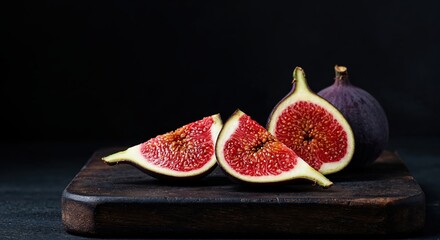 Fresh ripe figs, one whole and two sliced pieces, are beautifully arranged on a dark wooden cutting board against a black background, symbolizing healthy eating.