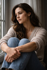 Fototapeta premium Thoughtful young woman sitting by the window in cozy outfit