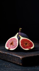 Two vibrant purple figs, one whole and one sliced in half to reveal its red pulp, are artfully arranged on a rustic dark wooden board, symbolizing healthy gourmet eating.