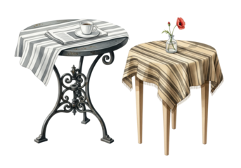 Two stylized watercolor bistro tables, one ornate metal with an espresso cup, the other simple wood with a red poppy, isolated on white background concept of classic cafe furniture comparison