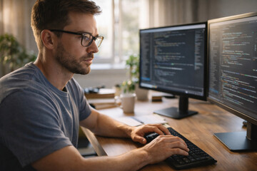 Focused man programming on dual monitors in a cozy workspace