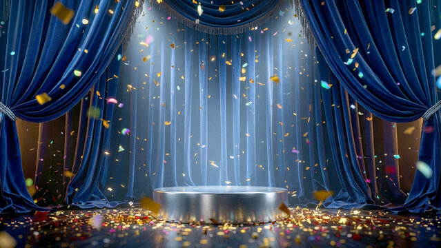 しっとりとした青いビロードの幕と、銀色に磨かれた台座が高級感を演出します。きらきらと舞う紙吹雪が成功の瞬間を彩り、見る人に輝かしい未来や飛躍のインスピレーションを与えます。華やかな式典や発表会のイメージに最適です。