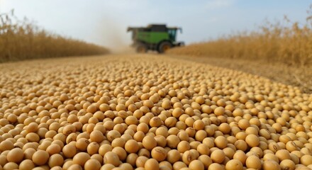 Golden soybeans cover the ground in a vast field, with a modern combine harvester operating in the blurred background, symbolizing agricultural efficiency and a bountiful harvest.