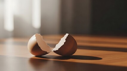Broken eggshell on wooden surface